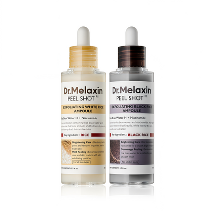 Dr. Melaxin Peel Shot Glow Rice Peeling Ampoule 80ml 2-Pack Bundle (Black Rice & White Rice) Daily Soft Exfoliating Face and Body Scrub Dead Skin Cells Blackhead Remover for All Skin Types