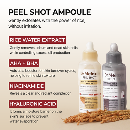 Dr. Melaxin Peel Shot Glow Rice Peeling Ampoule 80ml 2-Pack Bundle (Black Rice & White Rice) Daily Soft Exfoliating Face and Body Scrub Dead Skin Cells Blackhead Remover for All Skin Types